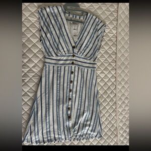 LOFT White and Blue Stripe Button-Front Midi Dress with Gold Detail